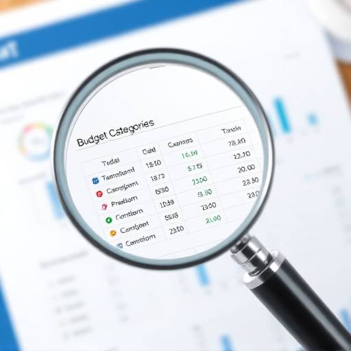 A magnifying glass looking at different budget categories, representing budget tracking and analysis