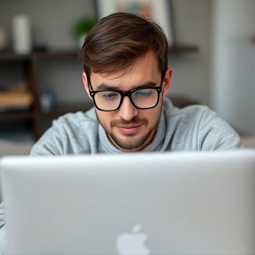 A person with glasses using a screen reader and navigating a website on a laptop, emphasizing accessibility.